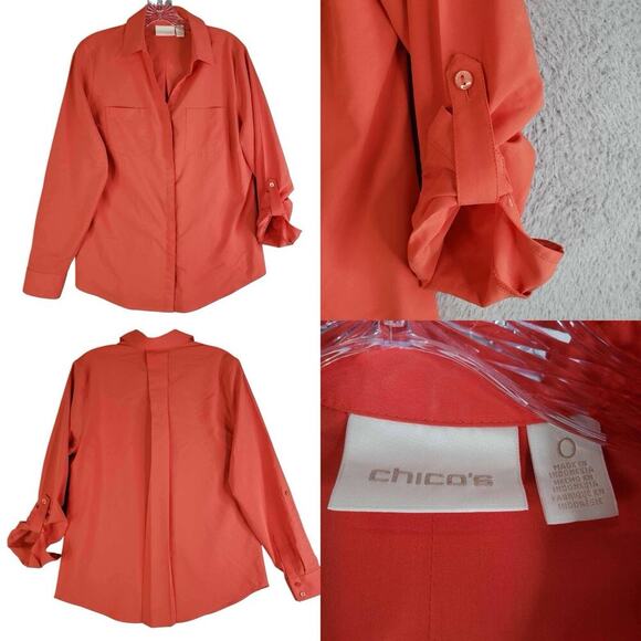 Chicos Top Button Up Shirt Women’s Size 0 US Small Orange Long Sleeve Roll Tab - Picture 1 of 8